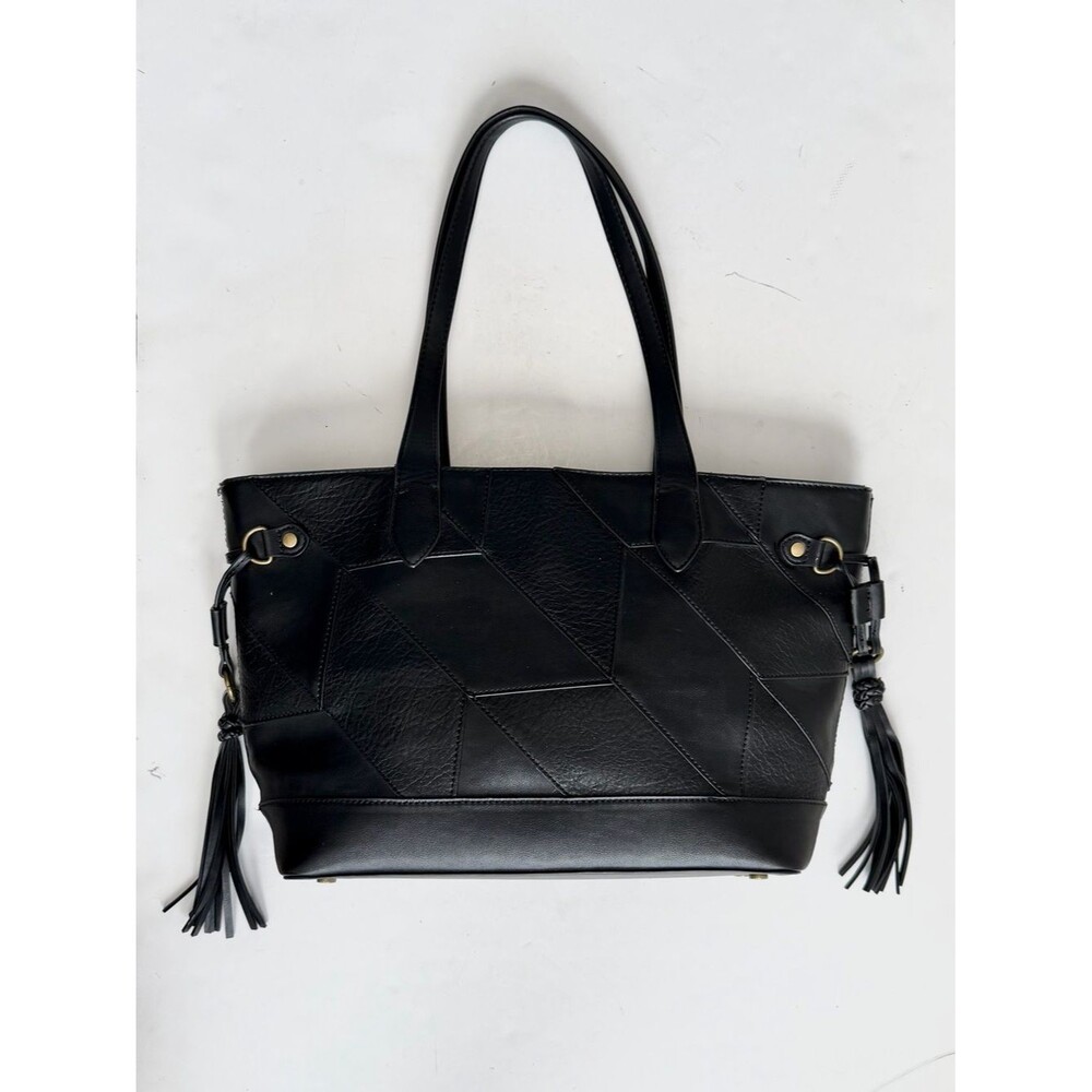 Frye and Co. Black Patchwork Melissa Carryall Vegan Leather Tote Bag Tassels
